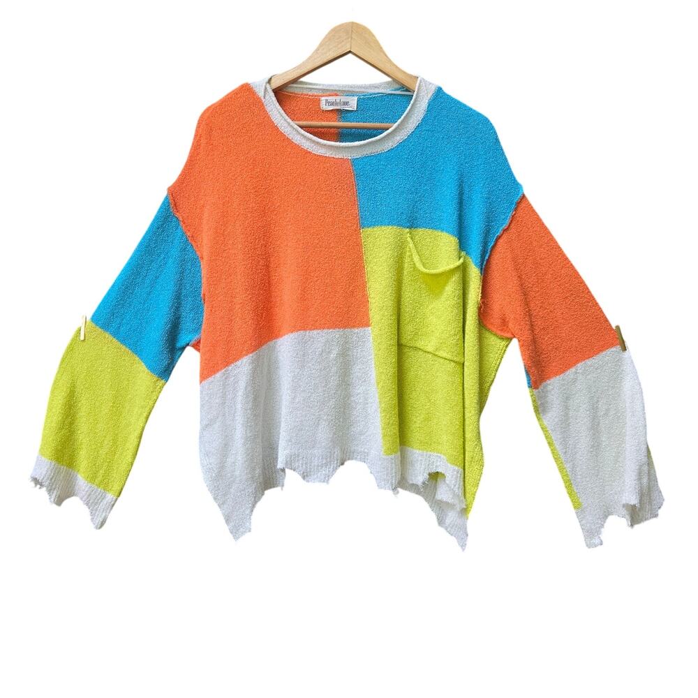 Peach Love California Womens Dopamine Distressed Hem Colorblock Knit Sweater S